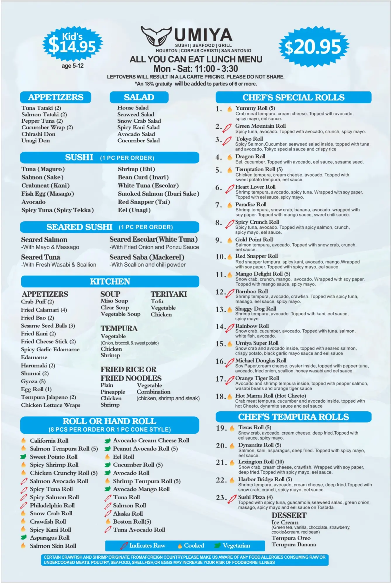 Umiya Houston Lunch Menu Page 1, a Japanese restaurant in Houston