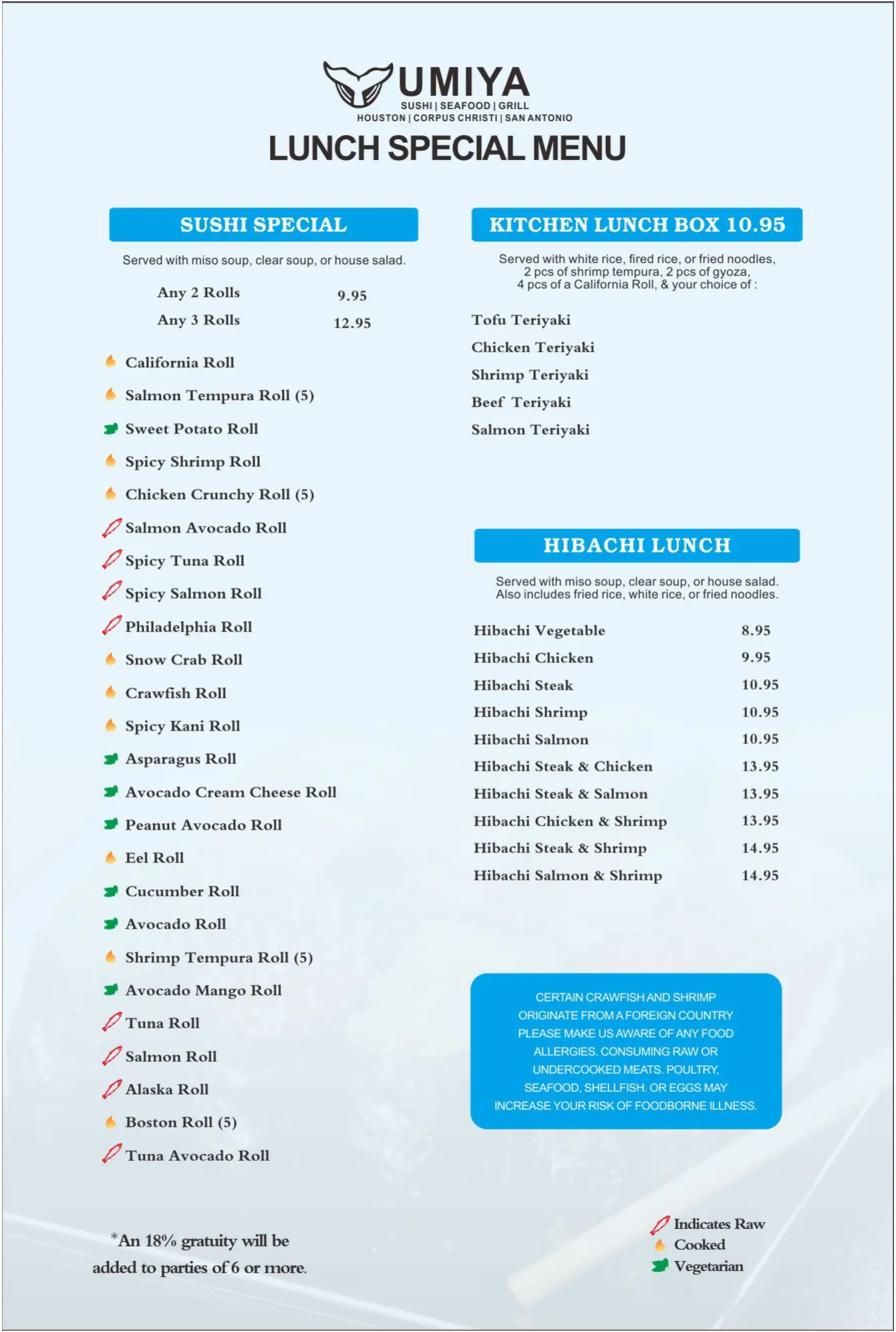 Umiya Houston Lunch Menu Page 2, a Japanese restaurant in Houston