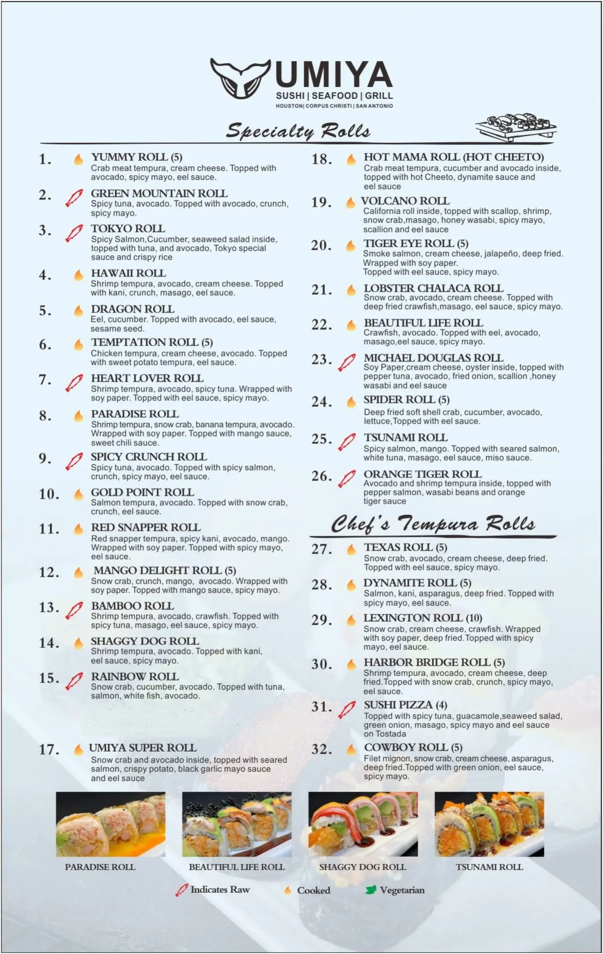 Umiya Houston Dinner Menu Page 2, a Japanese restaurant in Houston
