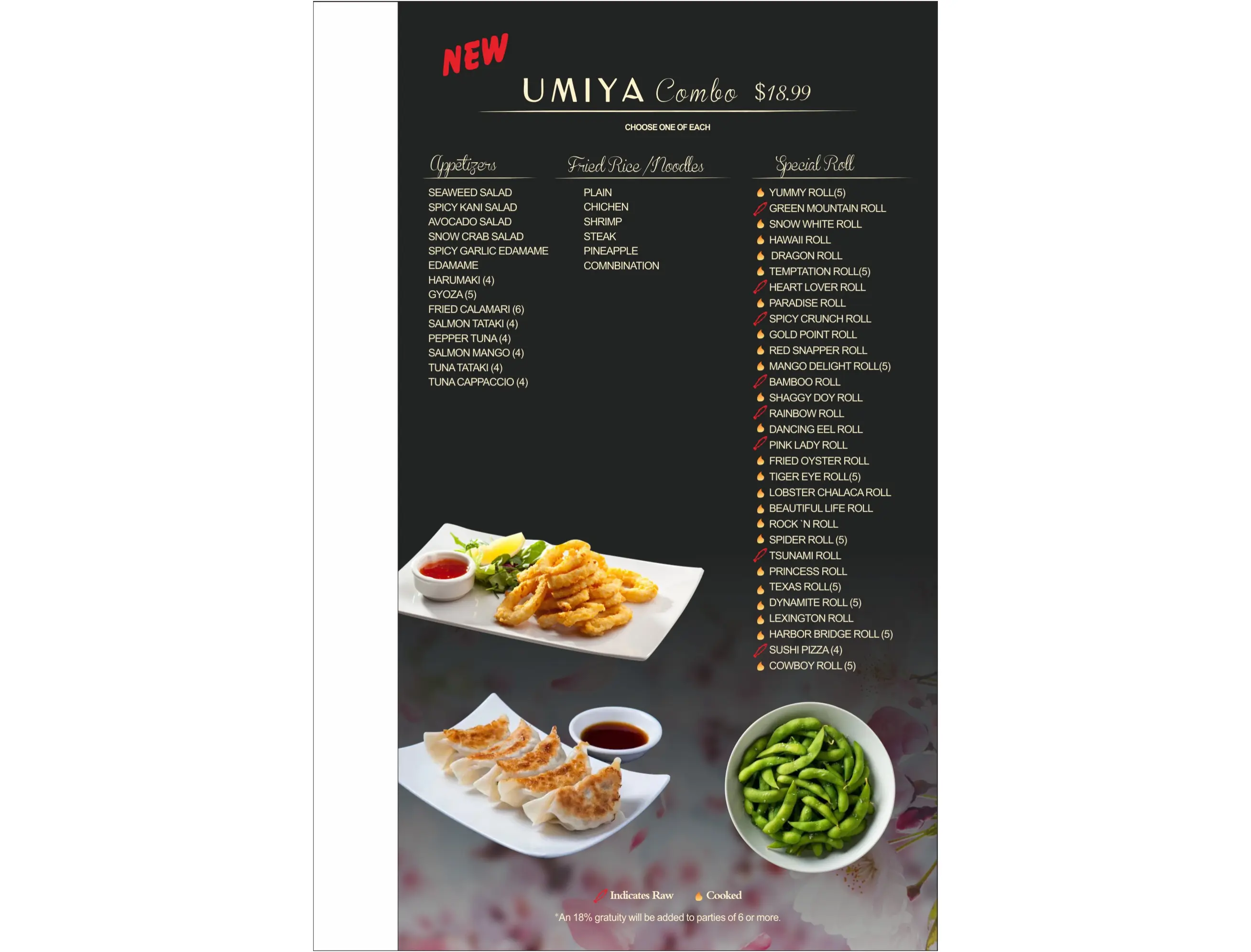 Umiya Houston Menu Page 1, a Japanese restaurant in Houston