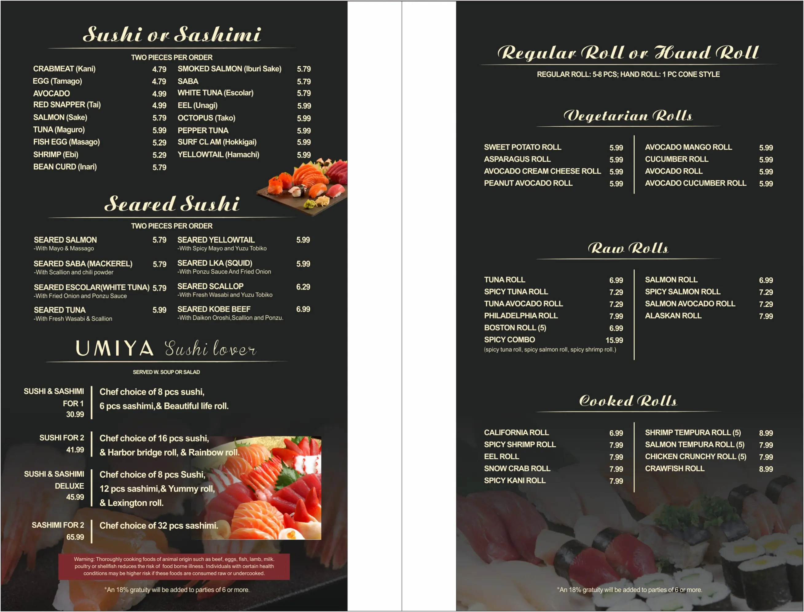 Umiya Houston Menu Page 3, a Japanese restaurant in Houston